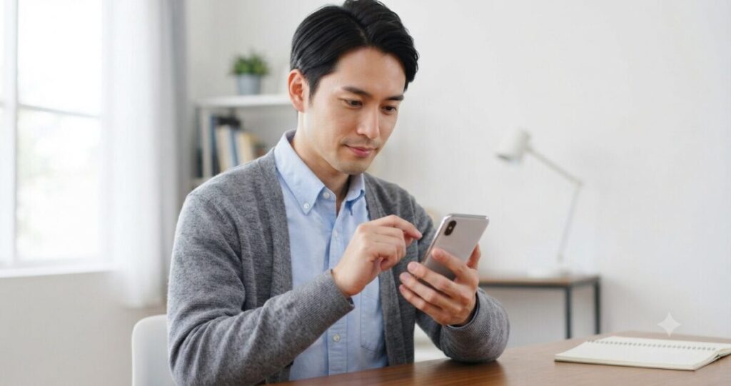 返信を考えながらスマートフォンを見る男性
* スマートフォンを手に考え込んでいる
* 真剣で穏やかな表情
