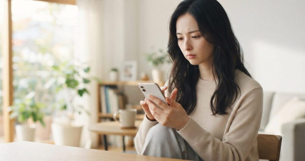 スマートフォンを見ながら悩む女性
* LINEを送りそうになって考え込んでいる
* 焦りを抑えている自然な表情
