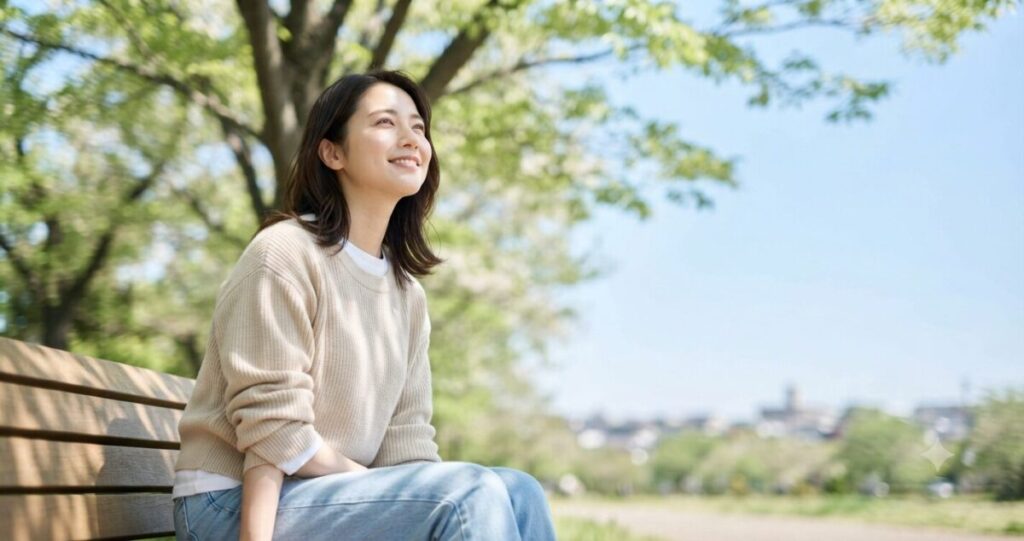前向きな気持ちで空を見上げる女性

