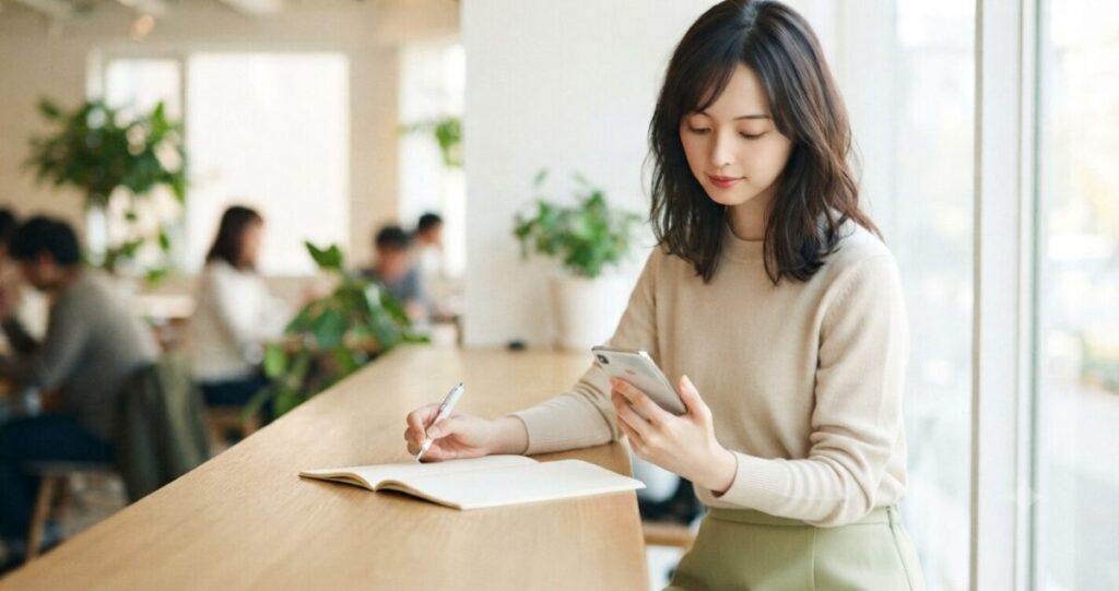 冷静に状況を考える女性
* ノートやスマートフォンを見ながら考えている
* 穏やかな表情
