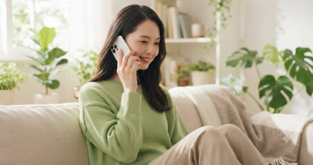 安心して恋愛相談をしている女性
* スマートフォンで通話している
* 安心した穏やかな笑顔
