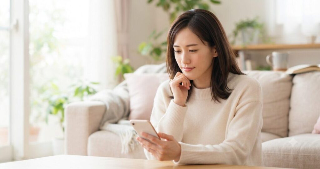 好きな人の気持ちが分からず、一人で悩んでいる女性
スマートフォンを手に持ち、少し考え込む自然な表情。
落ち込みすぎず、希望も感じられる穏やかな雰囲気。
