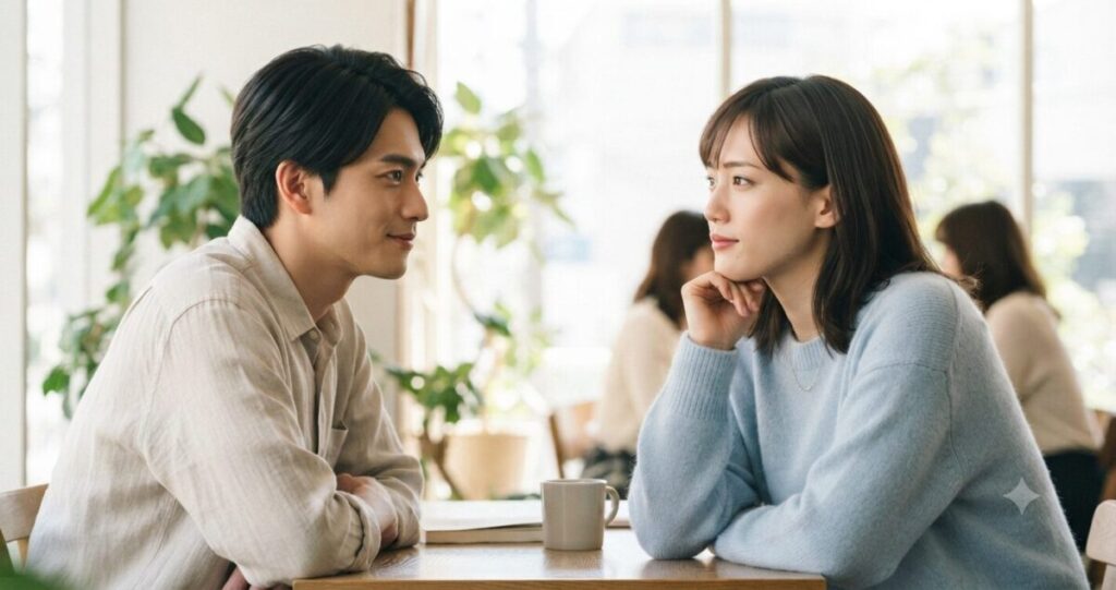 好きな人の本音を考えながら相手を見つめる男女
少し距離を空けて向かい合う。
自然な笑顔ではなく、お互いを意識している穏やかな表情。
恋人未満の距離感。
