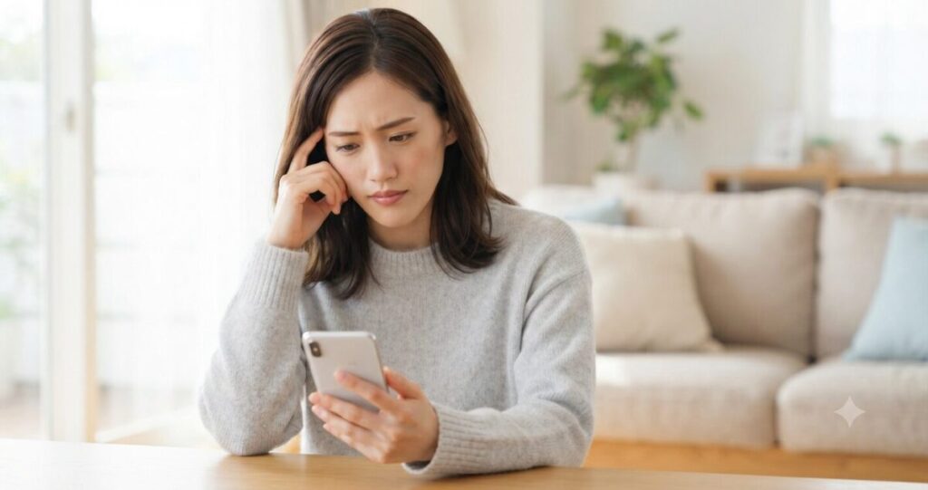 恋愛で悩みながら冷静に考えている女性
スマートフォンを見ながら悩んでいる。
深刻すぎない自然な表情。
