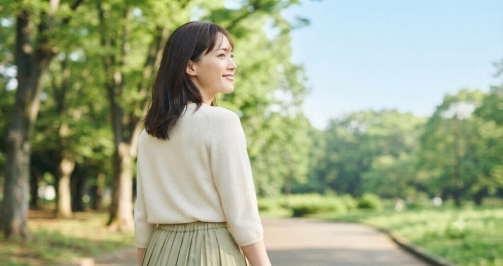 前向きな気持ちで未来へ歩き出す女性
緑の多い公園の遊歩道を歩きながら青空や緑を見つめる姿。
後ろ姿、斜め横顔
