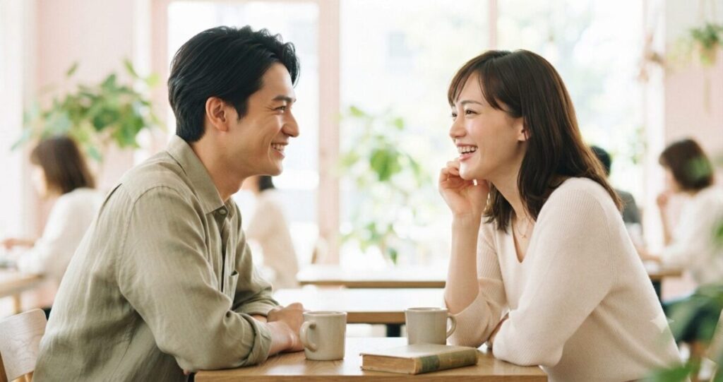 自然な会話の中で好意を感じられる男女
楽しそうに会話している。
笑顔は自然。
視線が合っている瞬間。
親しみを感じる距離感。
