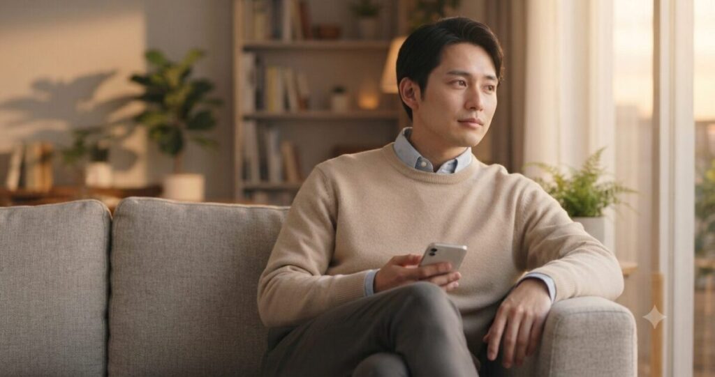 別れたあとも元恋人のことを思い出し、気持ちに変化が生まれている男性
* 30代前後の日本人男性
* 清潔感のあるカジュアルな服装
* ソファや窓際で一人静かに考え事をしている
* スマートフォンを手に持ちながら遠くを見る自然な表情

