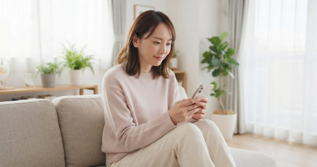 未来に希望を持ちながらも慎重に考える女性
窓際でスマートフォンを見ながら考える様子