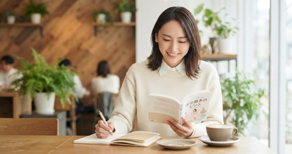 前向きに自分磨きを始める女性。
* 明るい表情
* カフェで読書
* ノートを書く
