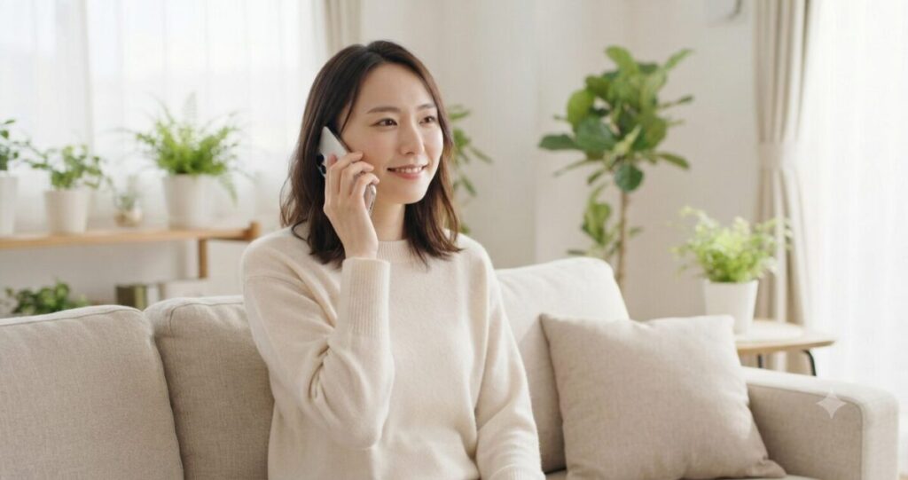 安心した表情で電話相談をしている女性。
* リラックスした表情
* ソファでスマートフォンを耳に当てている
* 穏やかな笑顔
