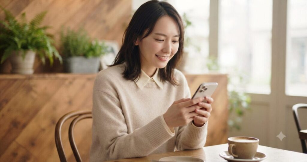 スマートフォンに届いたメッセージを見て少し安心した表情を浮かべる女性。
