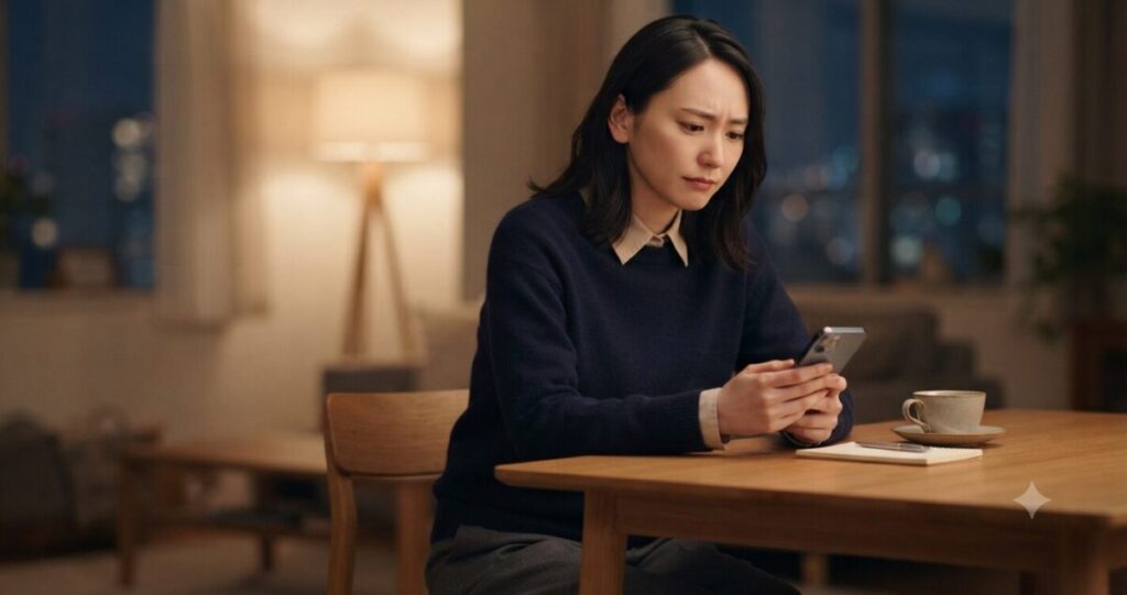 スマートフォンを見つめながら迷っている女性。
* 少し悩んでいる表情
