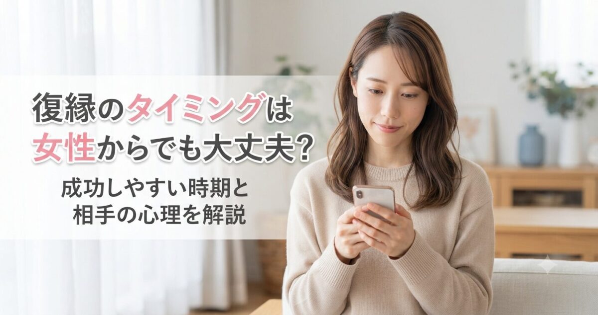 復縁のタイミングは女性からでも大丈夫？ 成功しやすい時期と相手の心理を解説 復縁したいけれど女性から連絡するタイミングが分からず悩んでいる女性 * スマートフォンを両手で持ちながら画面を見つめている * 少し切なさを感じる穏やかな表情