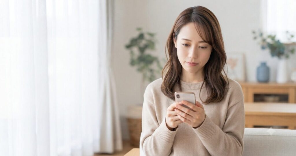復縁したい気持ちを抱えながらも、連絡するタイミングを考えている女性
スマートフォンを持ちながら考え込む
