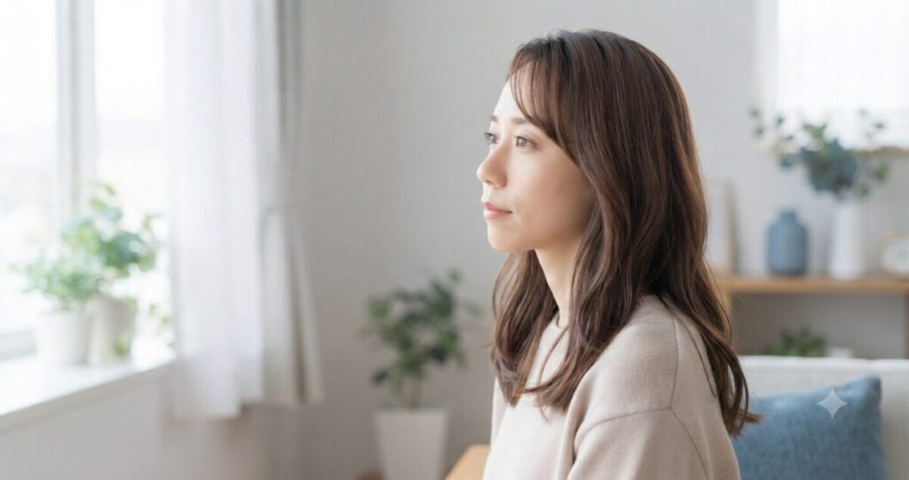 元恋人のことを思い出しながら静かに考える女性。
* 窓の外を見つめる横顔
* 少し物思いにふける表情
