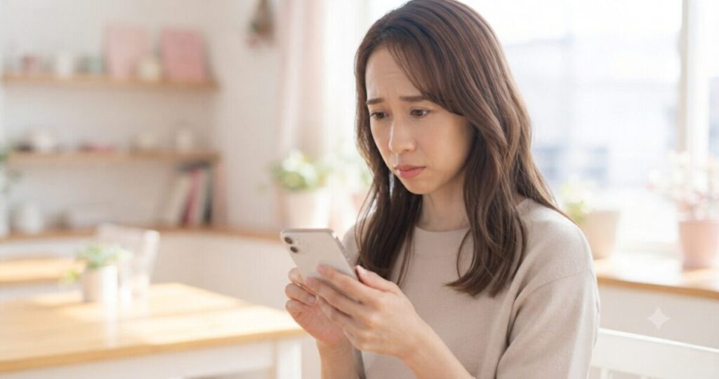 何度もスマートフォンを見てしまう女性。
* 少し困った表情
* スマートフォンを見つめる
