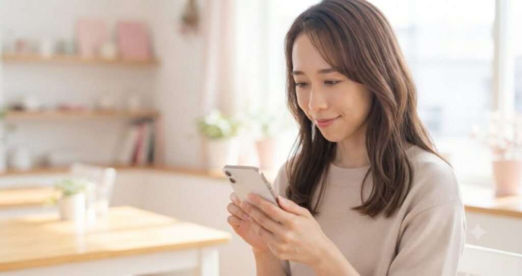 希望を持ちながらスマートフォンを見る女性。
* 少し安心した優しい表情
