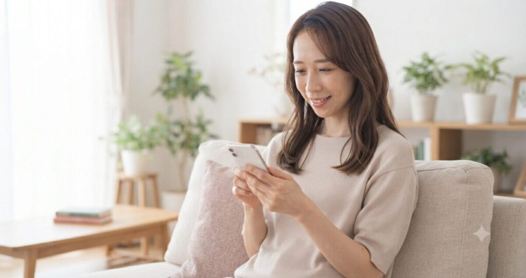 安心した表情でスマートフォンを持つ女性。
* 優しい笑顔
* ソファに座る
* スマートフォンを持つ
* リラックスした雰囲気
