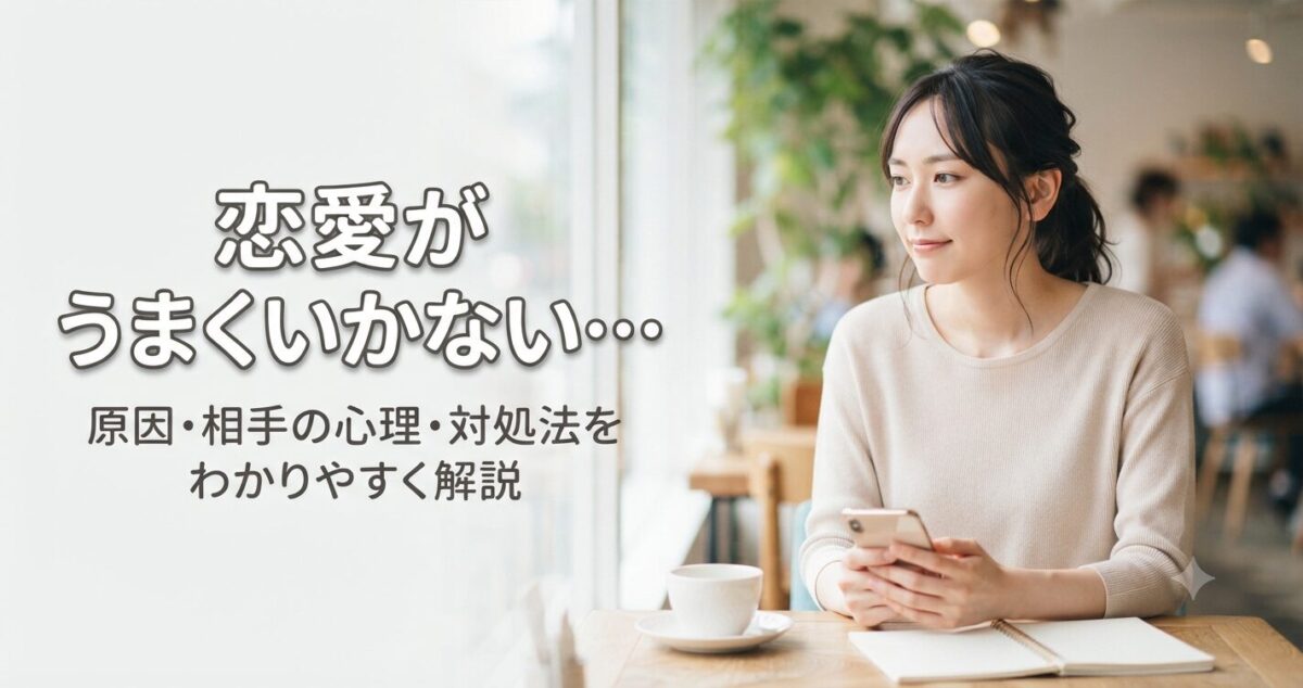 恋愛がうまくいかない… 原因・相手の心理・対処法をわかりやすく解説 * スマートフォンを手に持ち、恋愛について考え込んでいる様子 * 少し切なそうだが穏やかな表情 * 視線は少し下向き、または窓の外を見つめている