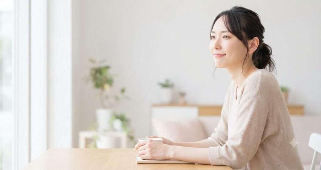 恋愛がうまくいかず悩みながらも、前向きな気持ちを取り戻そうとしている女性
* 優しい表情
* 窓際で考え事をしている
