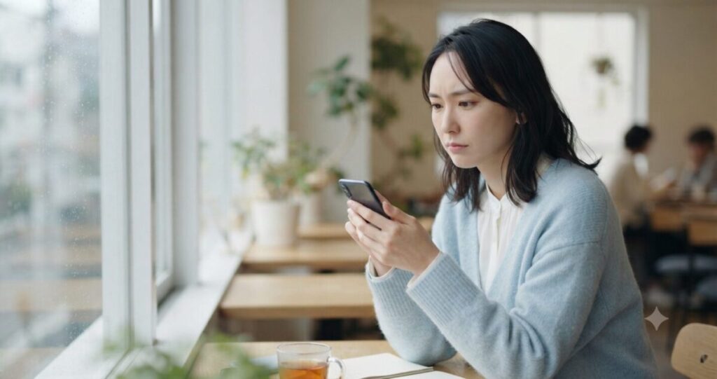 好きな人の気持ちを考えている女性
* 少し考え込む表情
* スマートフォンを見つめている
