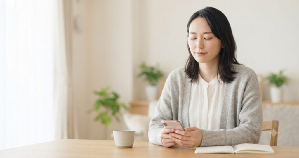 感情を落ち着かせようとしている女性
* 深呼吸するような穏やかな表情
* スマートフォンを持って考えている
