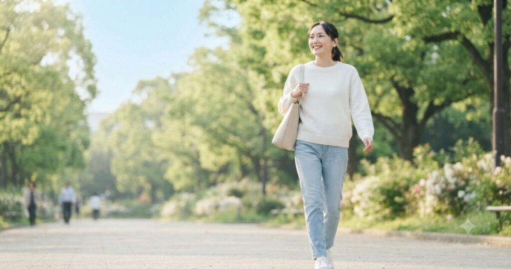 前向きな気持ちで歩き始める女性
* 自然な笑顔
* 明るい表情
* 外を歩いている
