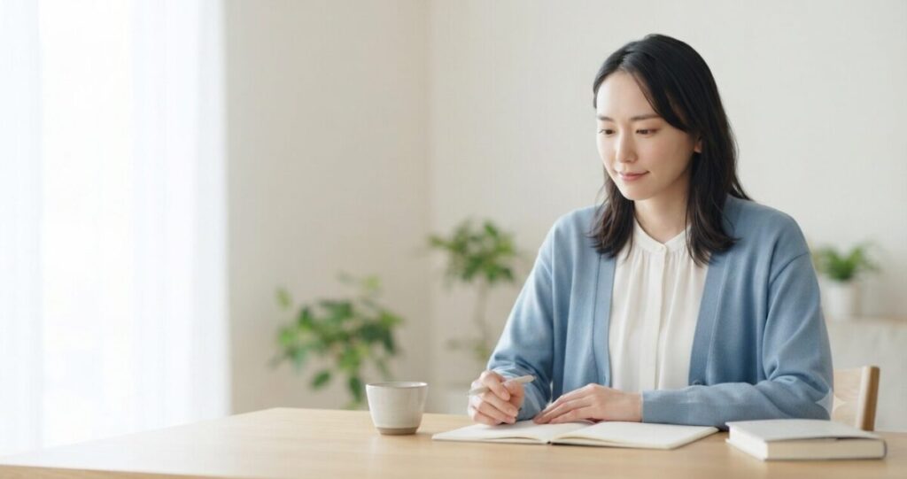 恋愛の状況を冷静に見つめ直している女性
* 落ち着いた表情
* ノートを見ながら考えている
