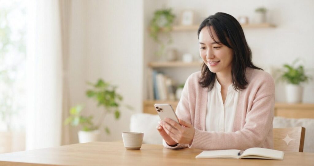 安心して恋愛相談をしている女性
* 穏やかな笑顔
* スマートフォンで占い師と相談している
