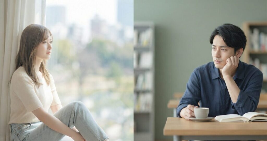 別れた直後、お互いが距離を置き、それぞれの気持ちを整理している
女性は窓際で静かに外を眺めている様子。男性は別の場所で一人考え事をしている