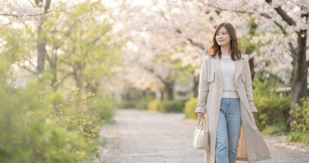 季節の移り変わりを感じさせる穏やかな風景と、一人で前を向いて歩く女性。時間が気持ちを変えていく
優しい笑顔ではないものの、落ち着いた穏やかな表情。前を向いて歩いている自然な姿。
