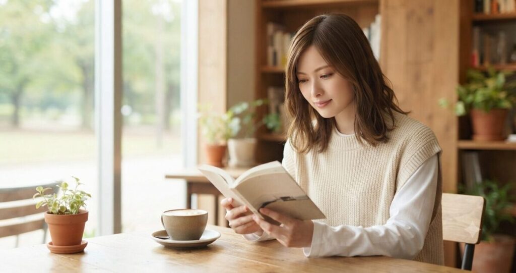 お気に入りのカフェでコーヒーを飲みながら読書をしている女性。自分自身と向き合う穏やかな時間