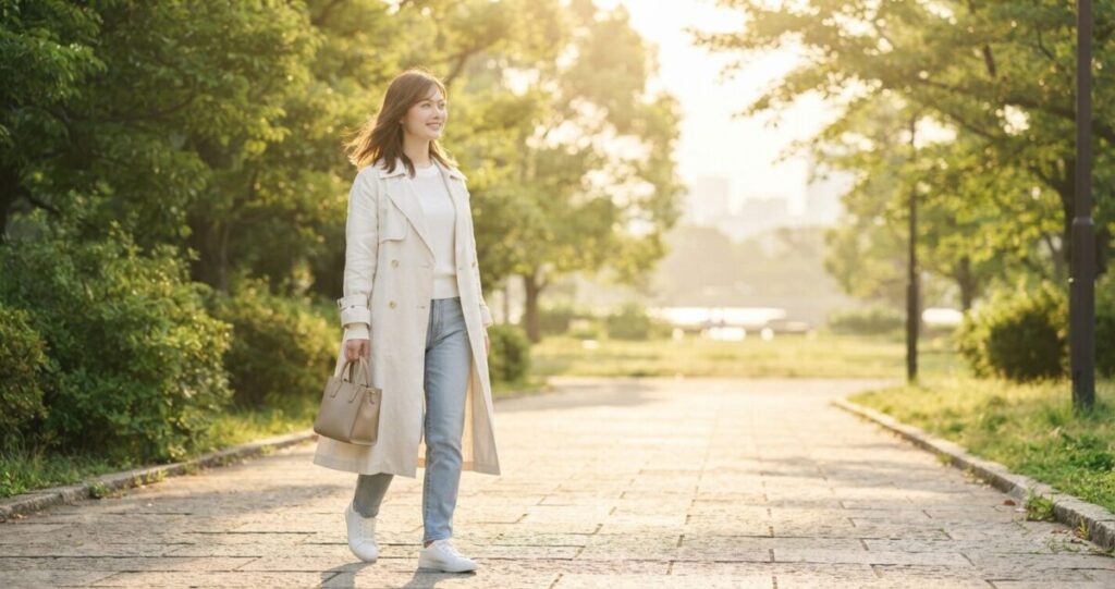 朝日が差し込む遊歩道を自然な笑顔で前向きに歩く日本人女性。未来へ進む希望と新しい一歩を表現
