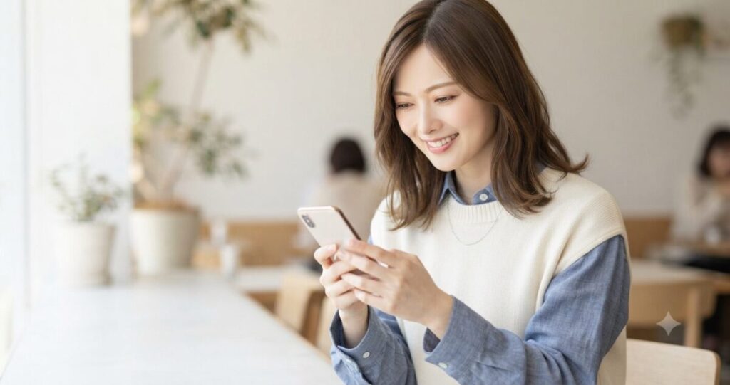 スマートフォンを見ながら自然な笑顔を浮かべる女性。連絡が届いたことを連想
優しく安心した表情。派手すぎない自然な笑顔