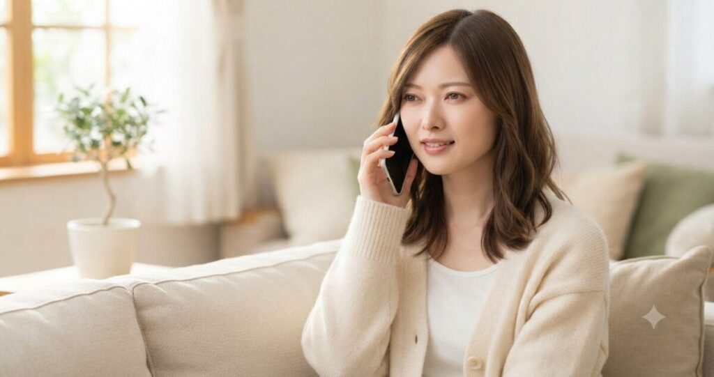 自宅で落ち着いた表情の女性が、リラックスしながらスマートフォンで占い師に相談している
優しく安心した表情。自然に会話をしている雰囲気