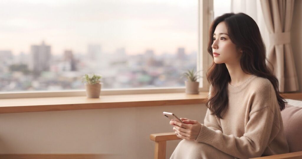 元彼との復縁を願いながら、これからどうすればよいのかを静かに考えている女性
スマートフォンを手にしながら少し遠くを見つめている