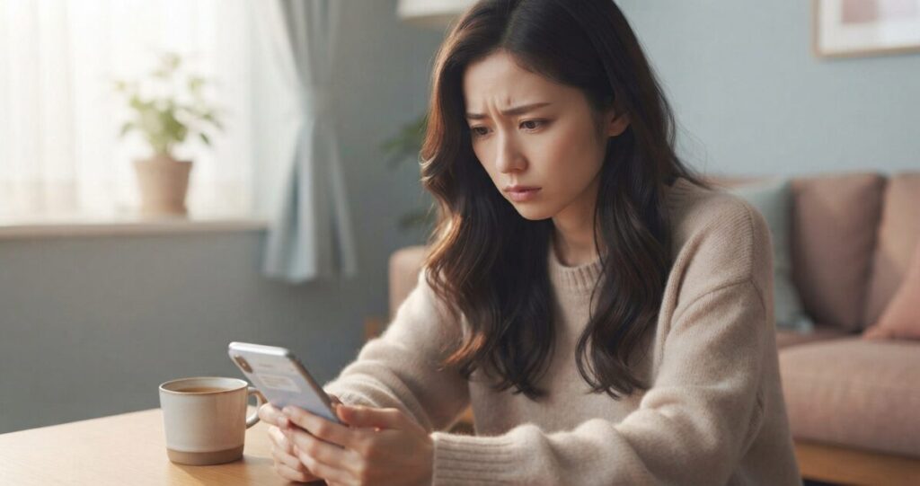 別れた後の元彼の気持ちを想像しながら、相手の本音を知りたいと悩んでいる女性
スマートフォンの画面を見つめながら、少し考え込んでいる
