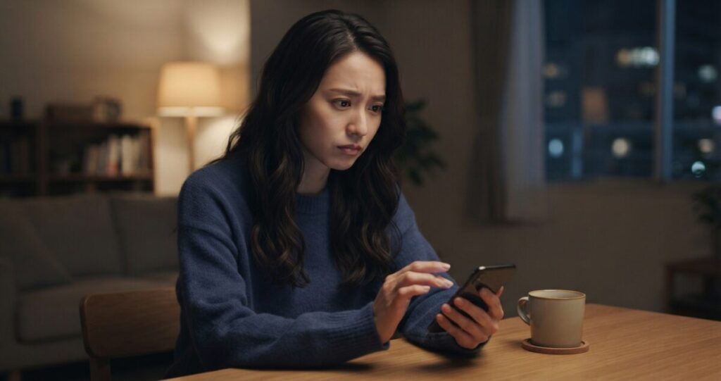 元彼へ連絡しようとしながら、一度立ち止まって考えている女性
スマートフォンを持ったまま少し迷っている表情