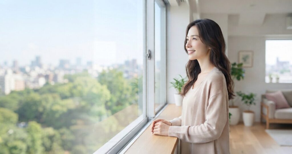 元彼との復縁を願いながらも、自分自身のこれからにも目を向け、少し前向きな気持ちを取り戻している女性
窓辺に立ち、柔らかな朝の光を受けながら穏やかな表情で外を見ている