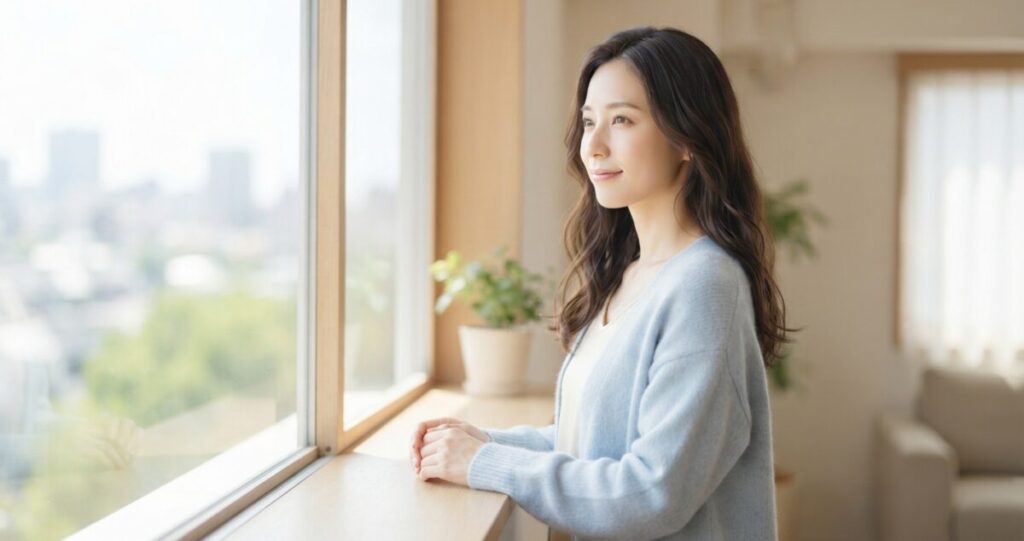 元彼との復縁の可能性を考えながら、過去とこれからの関係を見つめている女性
窓辺で静かに外を見つめ、穏やかな表情をしている