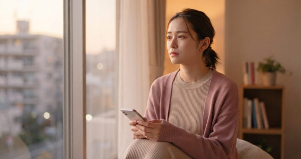 別れた後も元彼を忘れられず、復縁したい気持ちを抱えている女性
スマートフォンを手に持ちながら、少し切なそうに遠くを見つめている