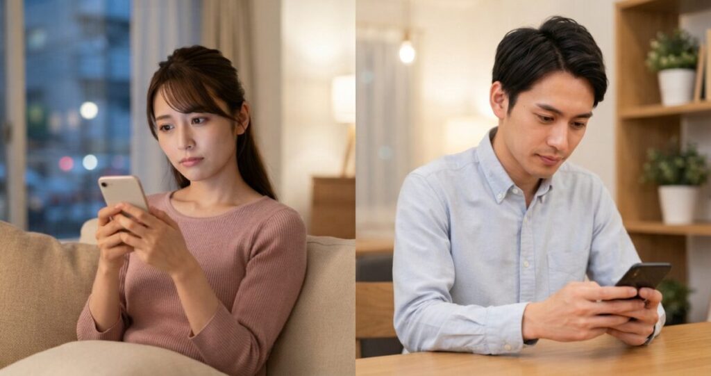 元彼が別れた後も女性のことを気にしている可能性を感じさせる場面。連絡やSNSを通じてつながりを残している二人の距離感
女性はスマートフォンを見て少し考え込んでいる。男性は別の場所でスマートフォンを見ている