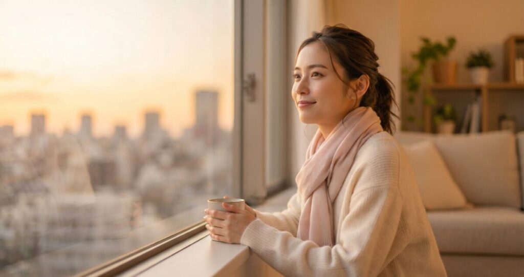 元彼との復縁について考えながら、自分の気持ちと向き合う女性。過去を振り返りながらも、これから先へ進もうとしている前向きな雰囲気
窓辺や屋外で穏やかな表情を浮かべ、遠くを見つめている。悲しみだけではなく、少し気持ちが整理されたような表情。