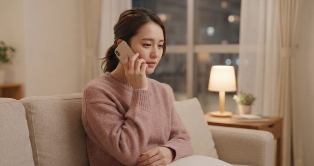 復縁について電話で相談している女性。誰にも話せなかった恋愛の悩みを第三者に話し、少しずつ気持ちが落ち着いていく場面。
自宅でスマートフォンを耳に当て、落ち着いた表情で話している。