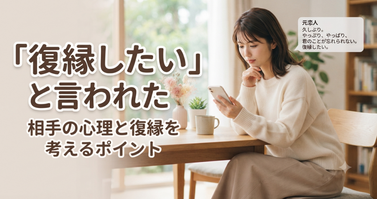 「復縁したい」と言われた 相手の心理と復縁を考えるポイント 元恋人から「復縁したい」と言われ、嬉しさと戸惑いの間で揺れる女性 スマートフォンを手に持ち、元恋人からのメッセージを確認している