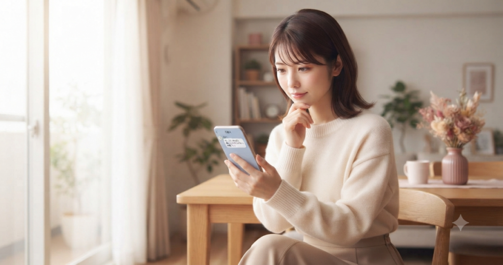 元恋人から復縁を求められ、嬉しさと戸惑いの間で悩んでいる女性。
スマートフォンを手に持ち、メッセージを確認しながら少し考え込んでいる。
