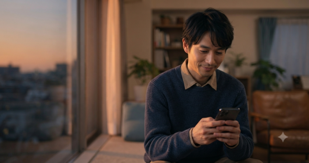 別れた元恋人のことを思い返しながら、自分の気持ちを見つめ直している男性。
一人で窓辺に座り、スマートフォンを見ながら物思いにふけっている。
