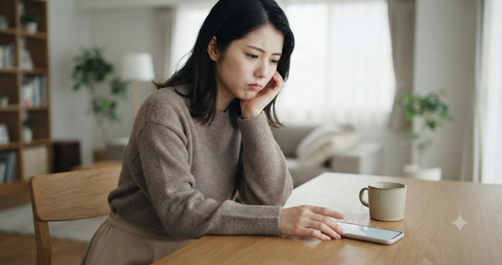 復縁を前に、感情だけで判断せず冷静に考えようとしている女性。
テーブルに座り、スマートフォンを置いて深く考えている。

