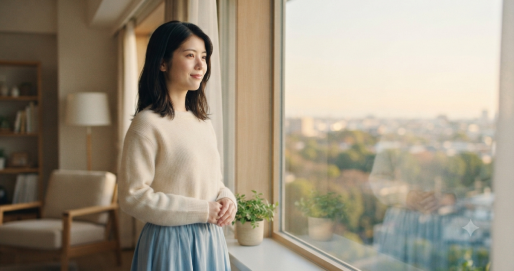 過去を乗り越え、これからの関係について前向きに考えている女性。
気持ちが整理されて少し安心したような表情