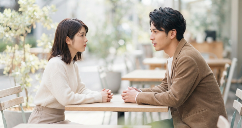 別れを乗り越え、もう一度関係を築くかどうかを考えている男女。
向かい合って落ち着いて話している。
笑顔を作りすぎず、真剣にお互いの話を聞いている自然な表情。
適度な距離を保ち、これから関係を築き直そうとしている雰囲気。
